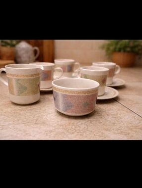Vintage Coffee Cup & Saucer Set + Creamer & Sugar Bowl | Mid-Century Stoneware